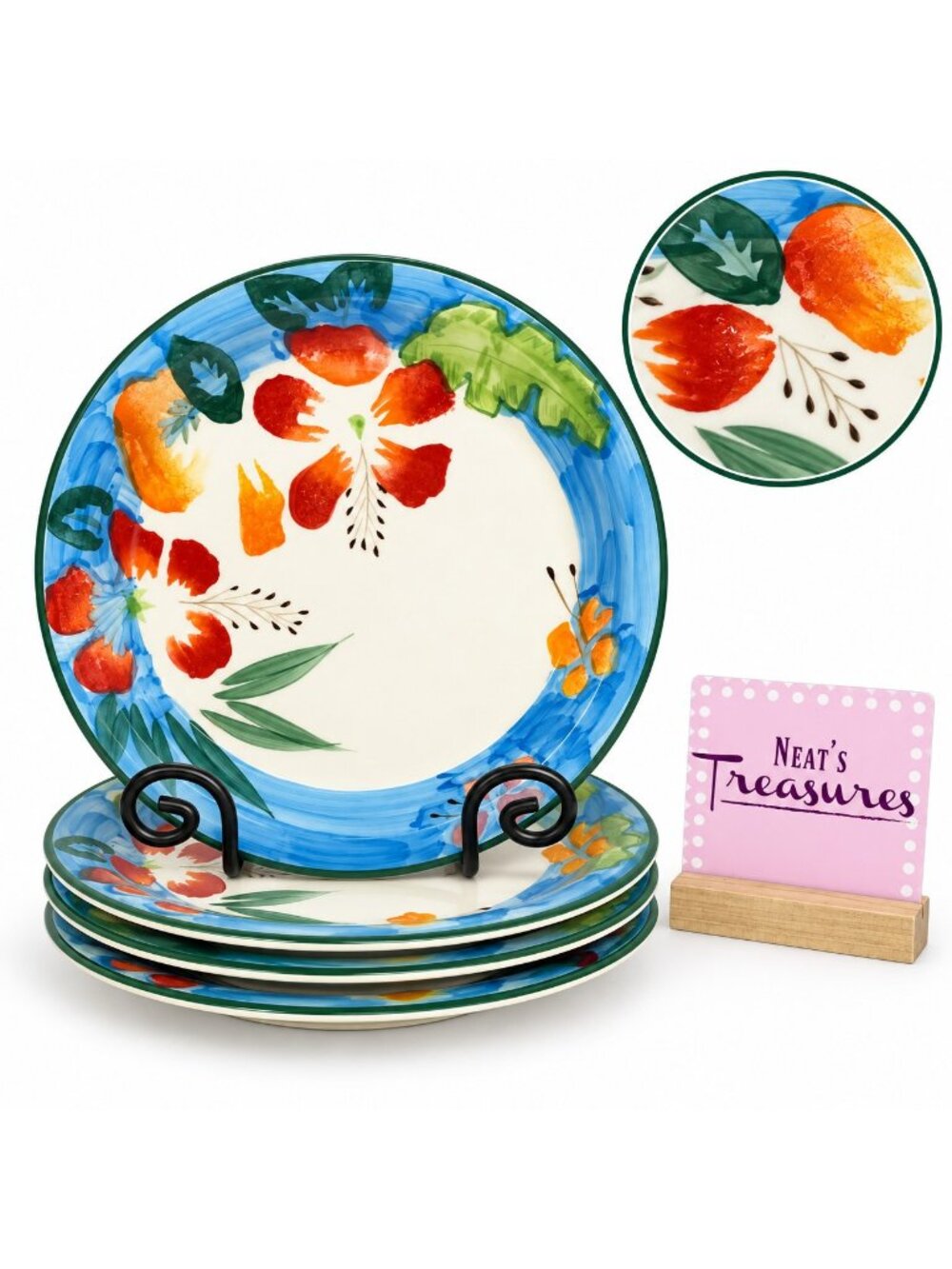 Royal Norfolk RNF 31 Blue Green Band Orange Floral Stoneware Dinner Plates Set 4
